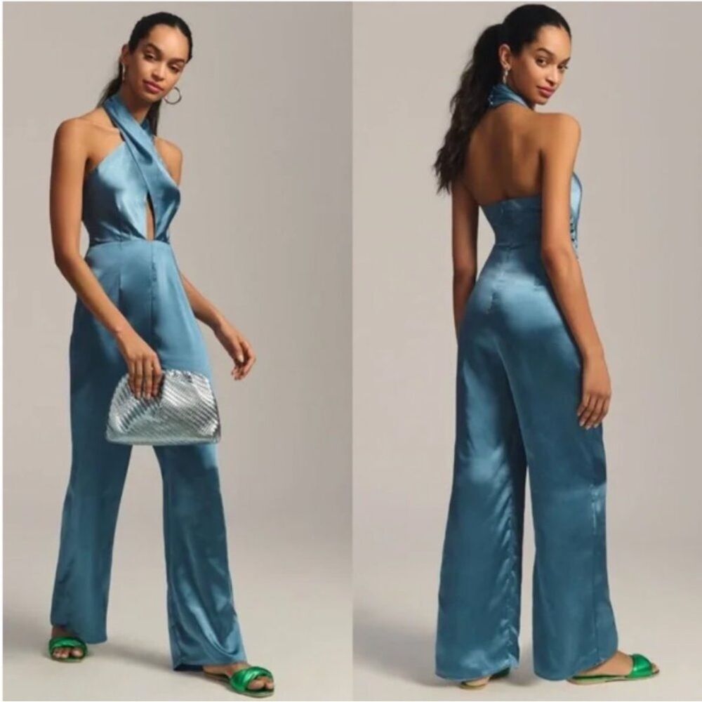NWT Anthropologie Elliat Begonia Cadet Blue Satin Halter Neck Jumpsuit Size XS